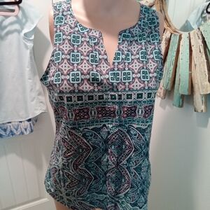 Sanctuary Sz S Patterned Sleeveless Button Down V-NECK Top Teal & Pink
